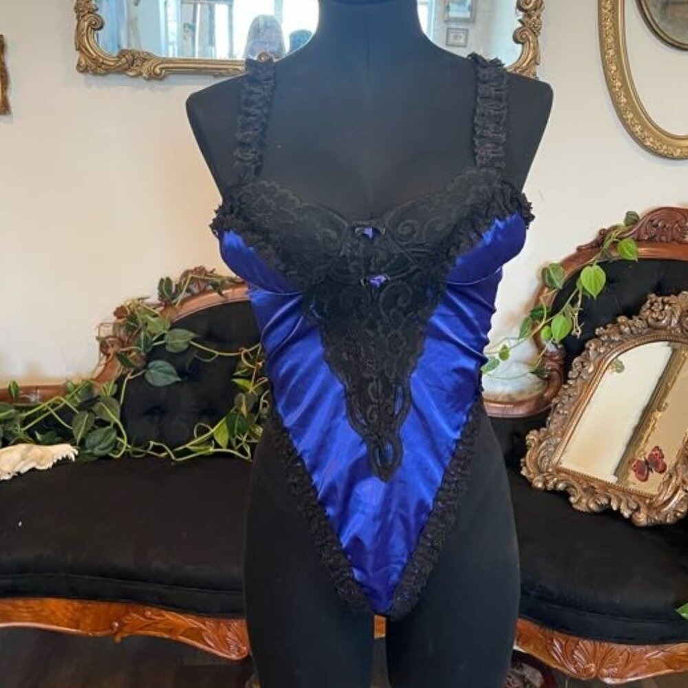 Vintage Je Jadon Satin shiny Lace Satin Bodysuit Lingerie Size M Blue/Black
